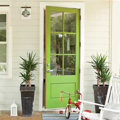 striking Doors - entry door with glass panes in Valspar Sassy Green via This Old House