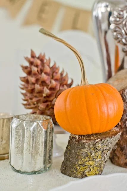 pumpkin centerpiece on cut branch Domestic Fashionista