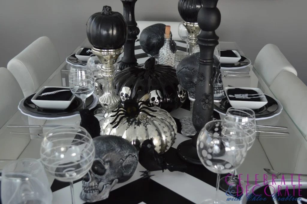 black and silver pumpkin and mercury glass tablescape Celebrate and Decorate