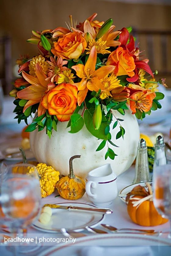 striking white pumpkin floral centerpiece, Brad Howe Photography