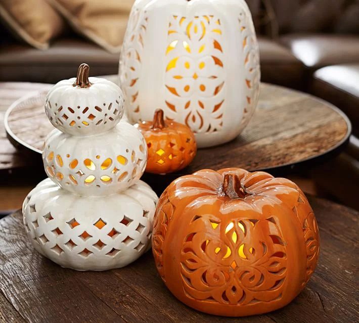 striking filigree ceramic pumpkins from Pottery Barn