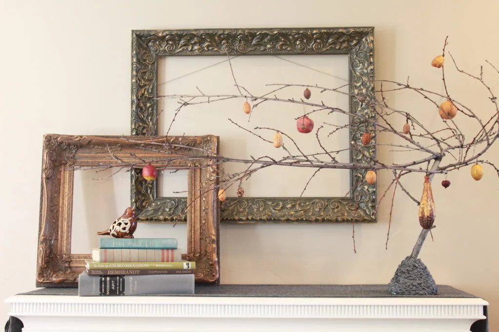 fall mantel with handmade halloween tree, The Rooster and The Hen