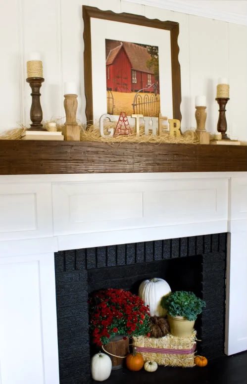fall mantel with straw and letters, The Lettered Cottage