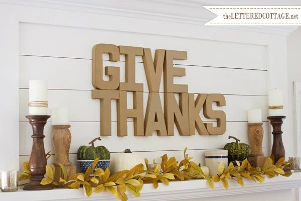 Thanksgiving mantel with paper mache letters, The Lettered Cottage