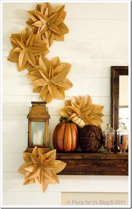 fall mantel with brown paper wall flowers, A Place For Us