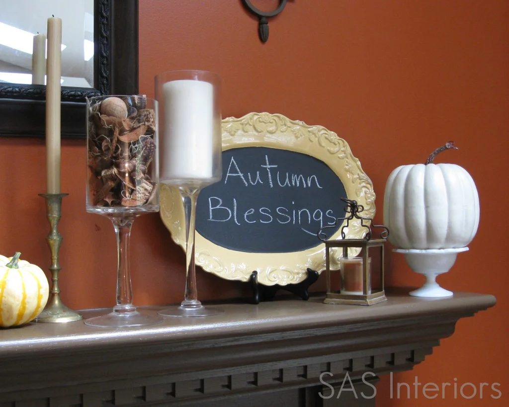 fall mantel with chalkboard, SAS Interiors