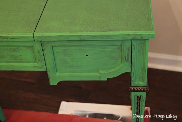 First coat of chalk paint when refinishing furniture, Maison Blanche Chalk Paint in St Anne, by Southern Hospitality featured on @Bekob