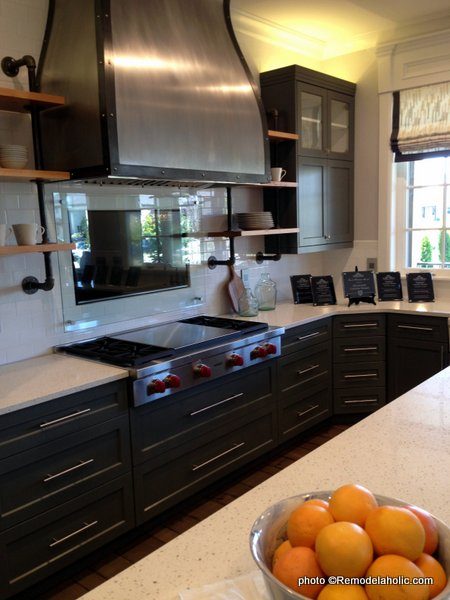 Modern Industrial Farmhouse Dark Gray Kitchen Cabinets, Metal Range Hood, Open Shelves UVPH 2015 HOME 24 HIGHLAND CUSTOM HOMES