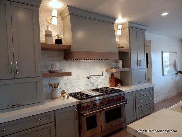 Modern Farmhouse Gray Kitchen Cabinets With Wood Accents, Open Shelving, SGPH 2018 Home 24 Brio Homes, LLC