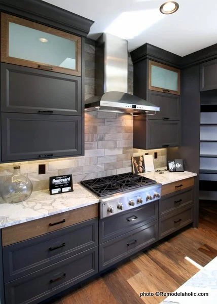 Modern Dark Gray Kitchen Cabinets With Wood Accents Black Handles, SGPH 2019 House 14 Richard Brothers Custom Homes