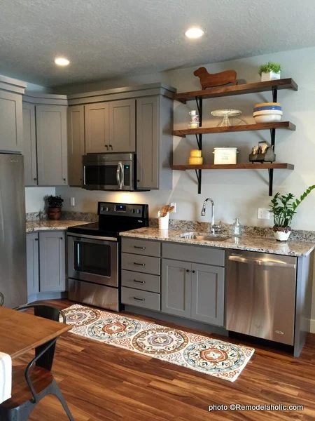 Modern Farmhouse Shaker Gray Kitchen Cabinets With Rustic Wood Bracket Open Shelving, UVPH 2016 Home 30 Maple Shade Construction