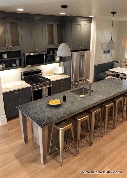 Dark Gray Kitchen Cabinetry, White Countertop, Black Island Counter, UVPH 2018 Home 31 Raykon Construction, White + Gold Design