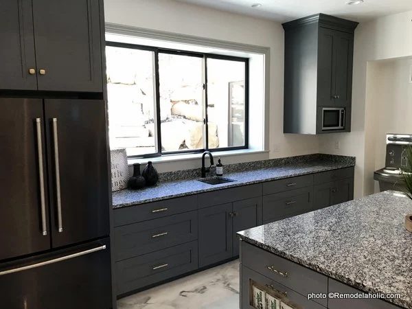 Dark Gray Kitchen Cabinetry, Granite Countertop, Built In Microwave, UVPH 2018 Home 32 Highland Custom Homes, Osmond Designs