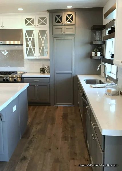 Gray Kitchen Cabinetry With White Upper Cabinets, Modern Farmhouse, UVPH 2018 Home 24 Alair Homes, Liv Design Collective