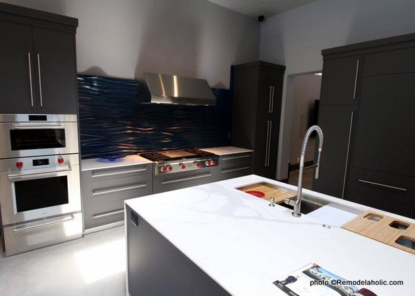 Modern Gray Kitchen Cabinets With White Countertop, Glass Backsplash, SLPH 2018 Home 3 Breen Homes