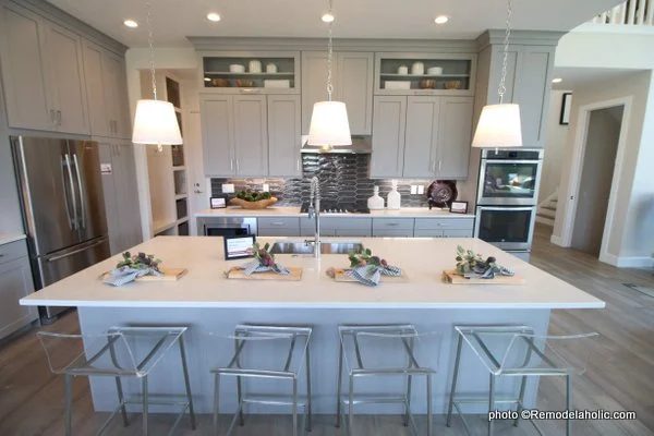 Light Gray Kitchen Cabinets With Dark Gray Backsplash, White Countertop, SLPH 2018 Home 5 Regal Homes