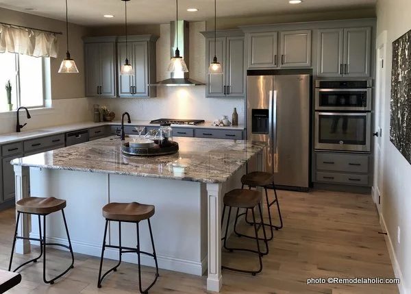 Gray Kitchen Cabinets With Large White Kitchen Island, UVPH17 House 21 Fieldstone Homes