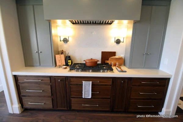 Modern Farmhouse Gray Kitchen Cabinets With Wood Lower Cabinets, Range Hood, Tile Backsplash, UVPH 2018 Home 16 Arive Homes