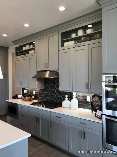 Light Gray Kitchen Cabinets With Dark Gray Backsplash, Upper Display Shelves, SLPH 2018 Home 5 Regal Homes