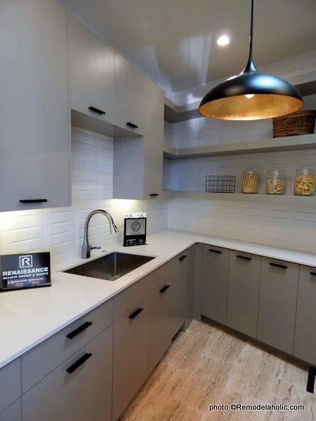 Modern Gray Kitchen Cabinets With Black Handles, White Countertop, SGPH 2018 Home 4 C Blake Homes