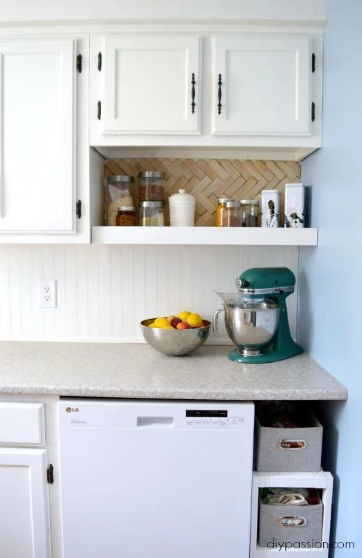 white kitchen makeover with wood shim backsplash open shelving Handmade Passion