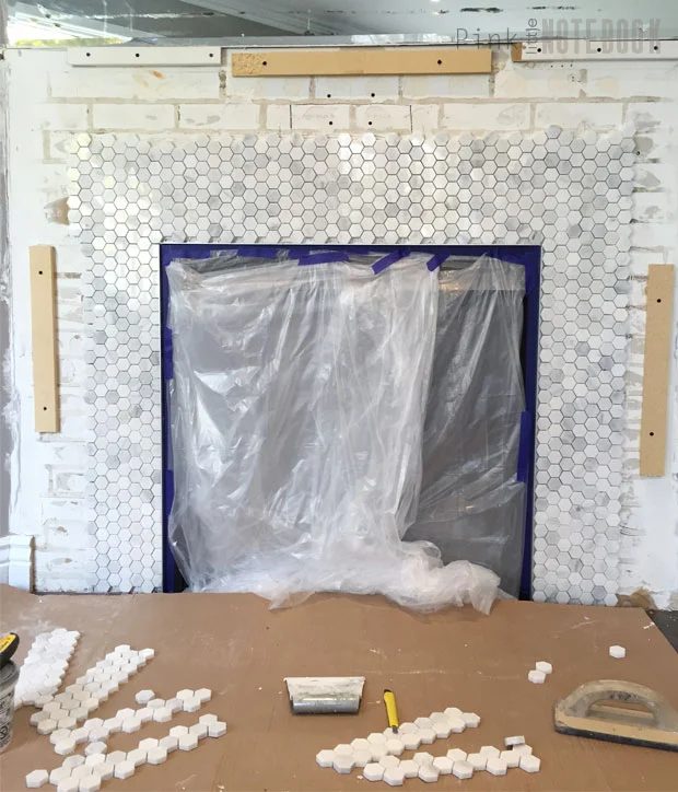 marble tile used in fireplace surround, Handmade mantel update Pink Little Notebook featured on @Bekob
