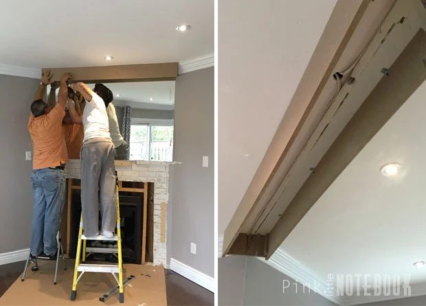 mini soffit for mantel redesign, handmade fireplace makeover Pink Little Notebook featured on @Bekob