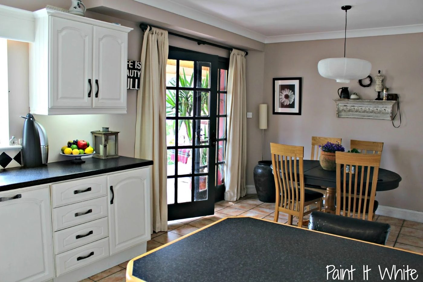 6 Annie Sloan Chalk Paint in Old White for kitchen cabinet makeover, Provence with Dark Wax for kitchen island, Paint it White featured on @Bekob