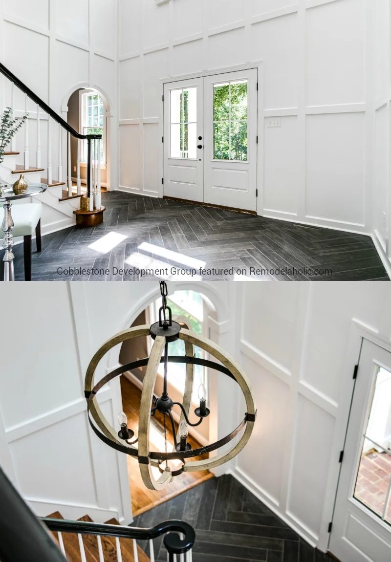 strong Entryway Renovation with Tall Board and Batten Walls and Dark Herringone Tile Floors, Fendall Home Renovation, Cobblestone Development Group featured on @Bekob