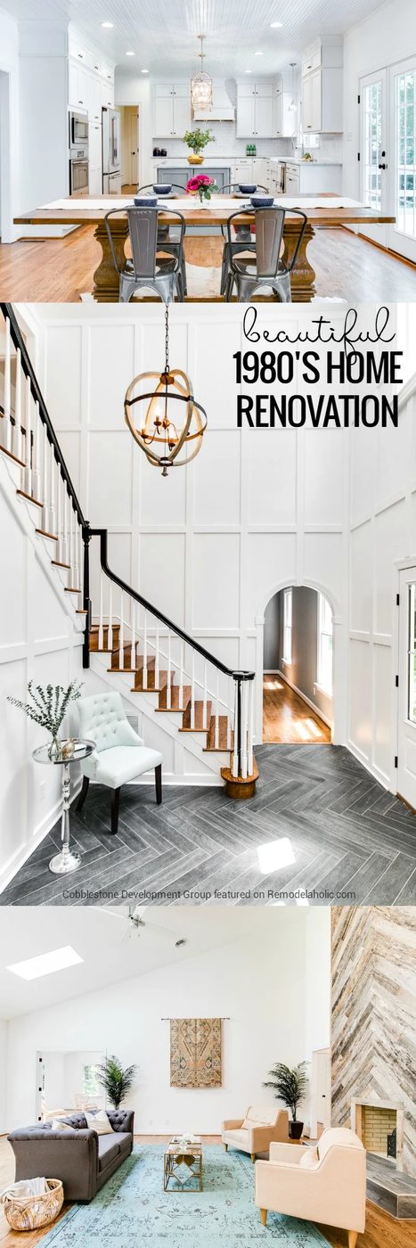 This dated 1980's renovation became a striking and classically modern home with some striking design choices, including a reclaimed wood facade fireplace and dark herringbone tile 