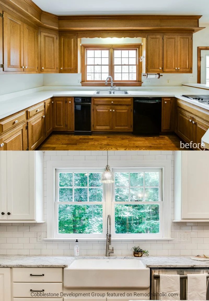 1980's Kitchen Update with Subway Tile and Farmhouse Sink, Fendall Home Renovation, Cobblestone Development Group featured on @Bekob