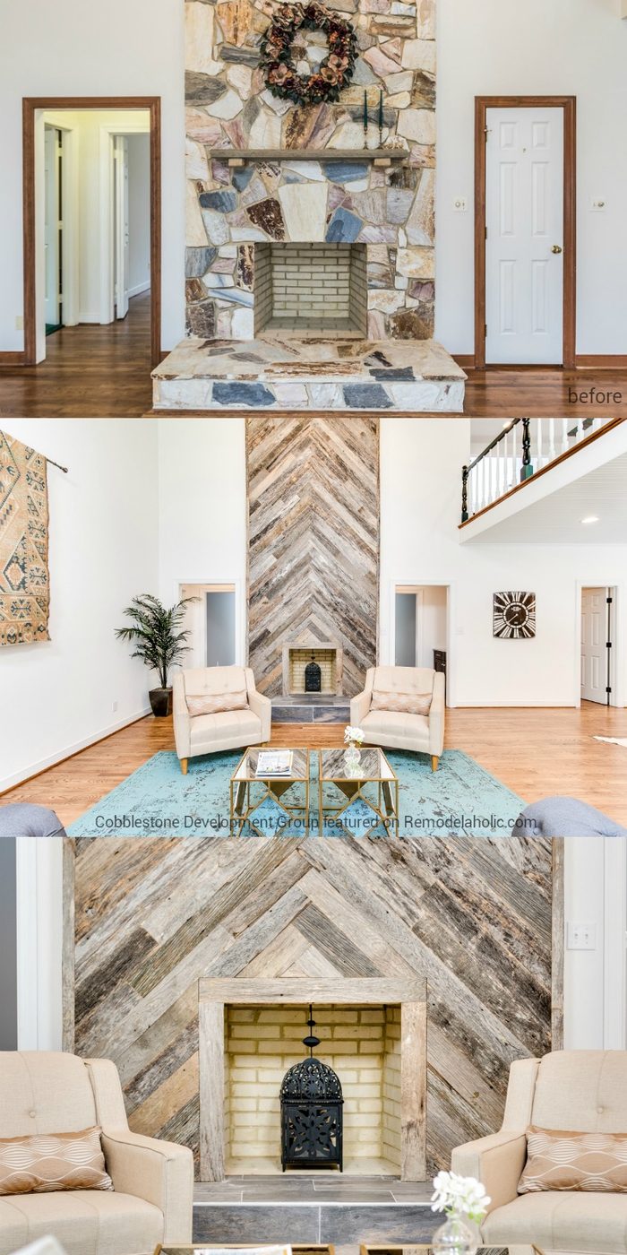 Stone Fireplace Update to Wood Herringbone, Fendall Home Renovation, Cobblestone Development Group featured on @Bekob