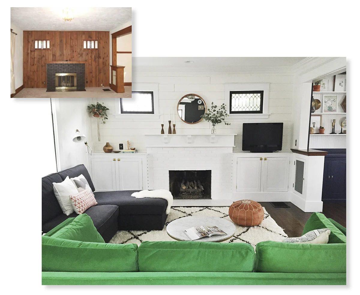 memorable living room renovation with built-in bookshelves around the fireplace and mantel. A nice balance of modern style and color!