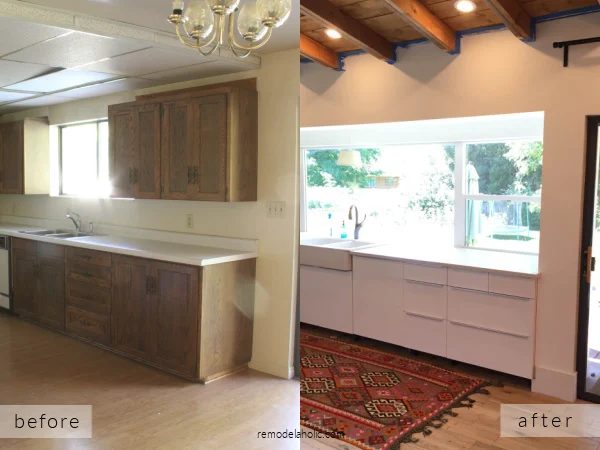 1960's Galley Kitchen Remodel options Before And After With White IKEA Cabinets Ceiling Beams Picture Window, Bekob