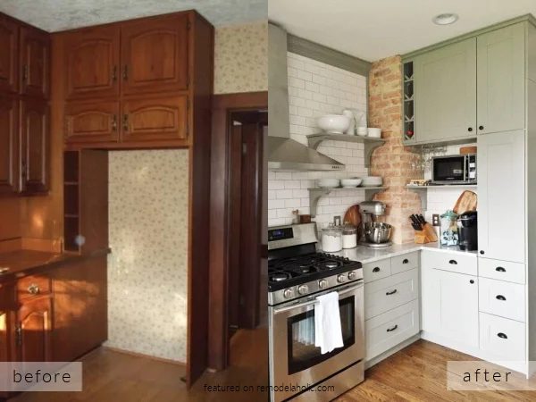 Before And After Small Kitchen Remodel With Gray IKEA Cabinets And Exposed Brick, Carpendaughter On Bekob