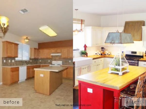 Before And After Builder Oak Kitchen Remodel To Handmade White Farmhouse Kitchen, The Ragged Wren On Bekob