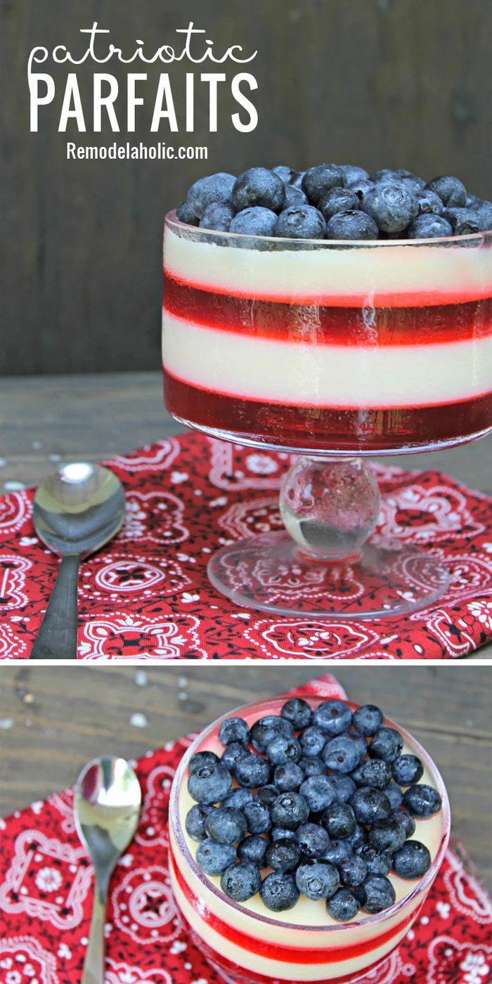 Bring a vivid dessert to your fourth of July picnic with these festive and yummy Patriotic Parfaits via Bekob.com
