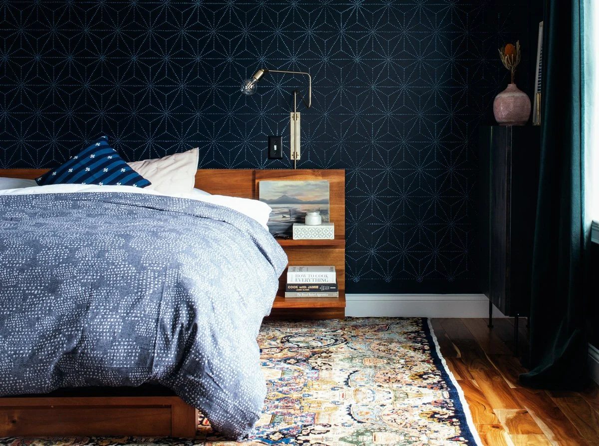 Best Blue Paint Colors Shibori Stenciled Bedroom Wall In BM Polo Blue Bloom In The Black