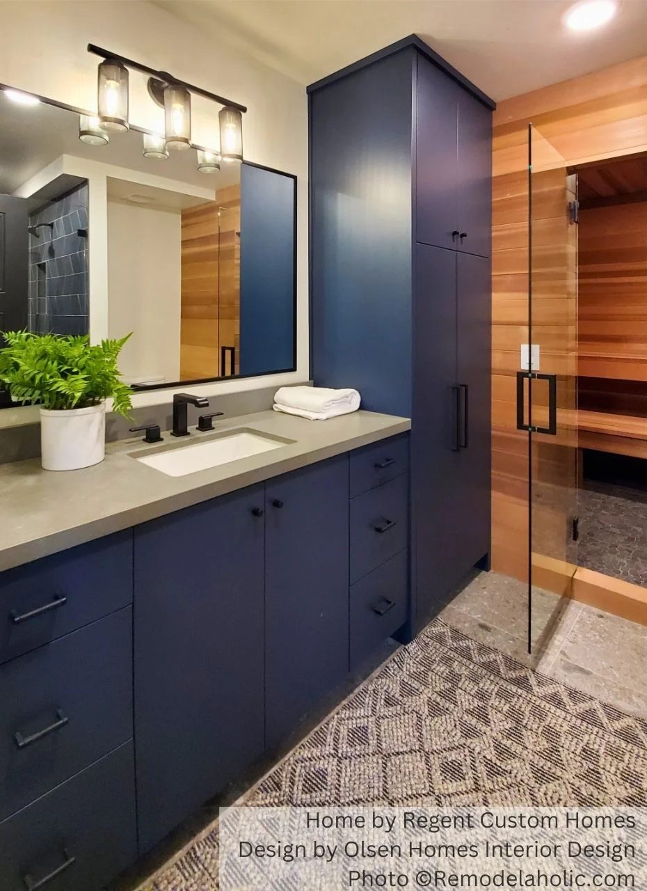 Best Blue Paint Colors Dark Blue Cabinet Paint Color Match SW Gale Force With Wood Accent Wall UV21 H01 Regent, Photo Bekob