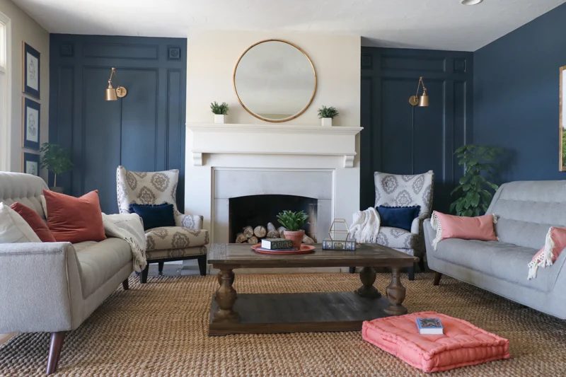 Elegant Paneled Wall Treatment Handmade in Navy Blue Around White Fireplace