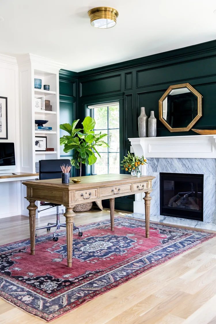 Dark Green Paint Color Almost Black, Benjamin Moore Salamander, Fireplace Feature Wall Picture Frame Molding By Studio McGee Ft Bekob