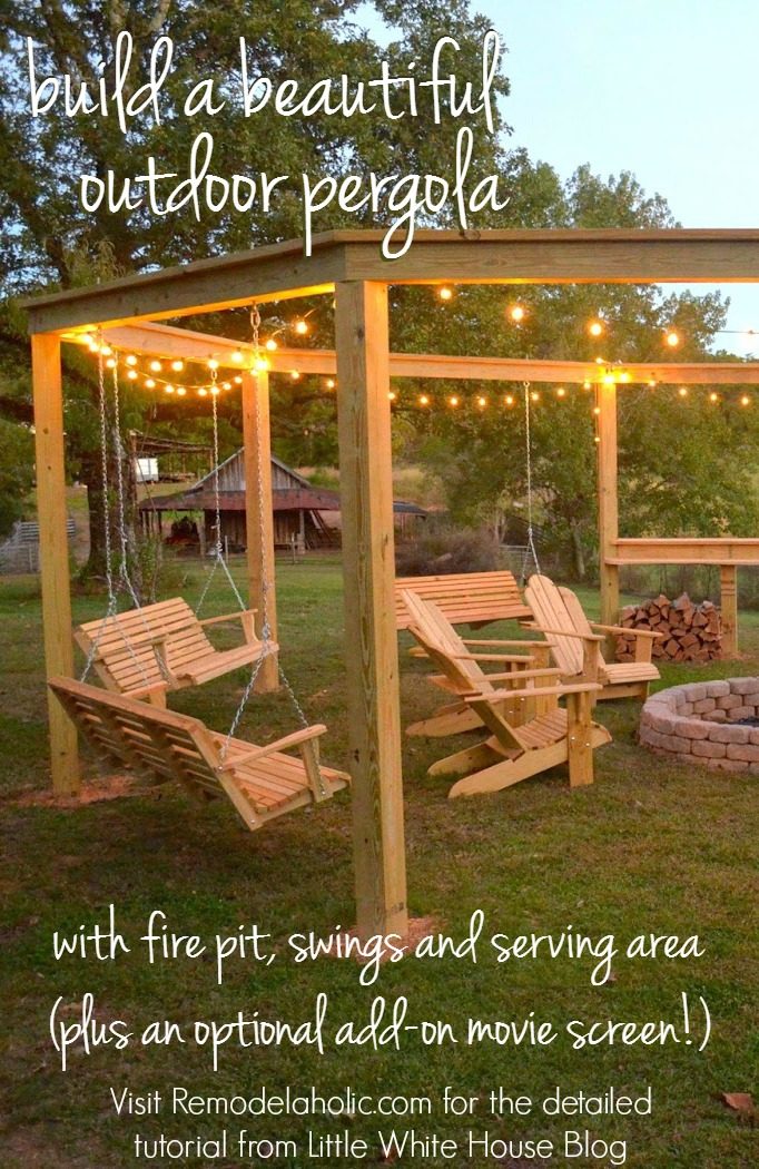 Build an outdoor pergola around a firepit, including swings, a serving area, and a movie screen - Handmade walkthrough from Little White House Blog on @Bekob