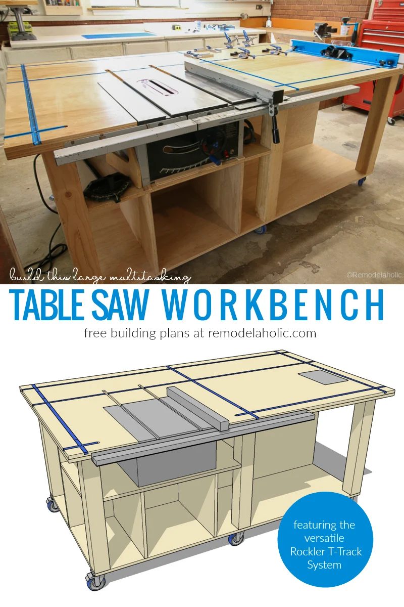 Handmade Table Saw Workbench Featuring Rockler T Track System, Free Building Plan And walkthrough #Bekob