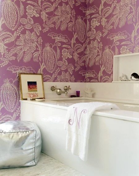 Canadian House & Home purple papered bath