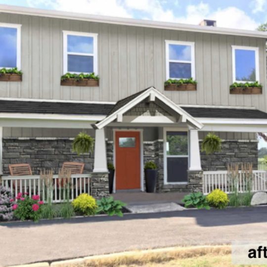 Porch Makeover With Red Door, Window Boxes And Plants