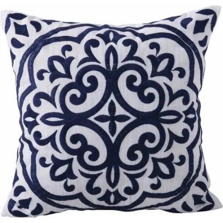 Block Embroidery Medallion Decorative Pillow in Navy