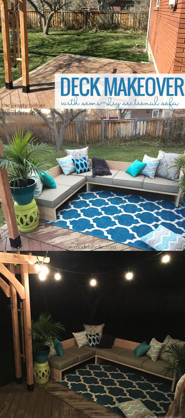 Deck Makeover With Handmade Outdoor Sectional Sofa Using Cushions From The Better Homes And Gardens Line at Walmart by @Bekob