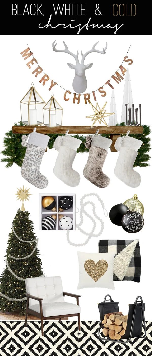 Create an elegant and modern holiday scene with these options for making a well fitted black, white, and gold Christmas mantel and living room.