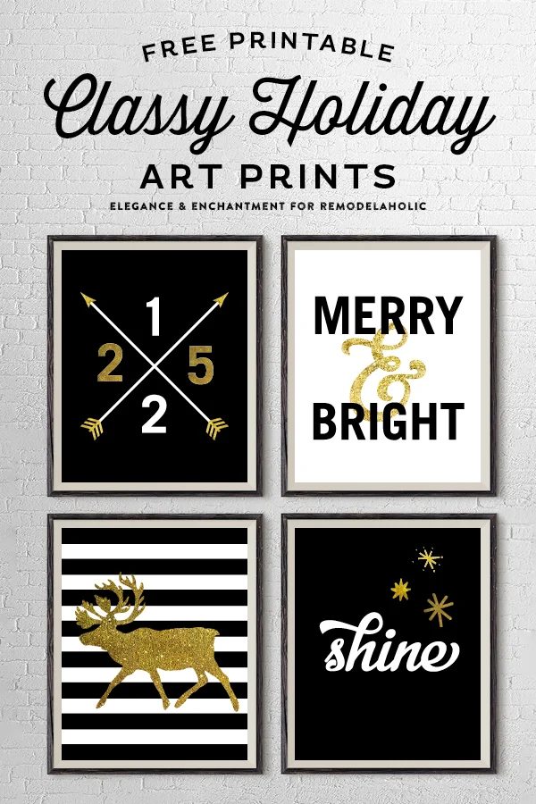 Free Printable Classy Holiday Art Prints in Gold, Black and White. These four prints could be hung individually or as a set. An straightforward Christmas decor option or holiday gi