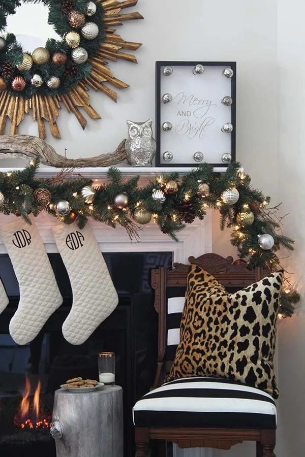 black and gold Christmas mantel